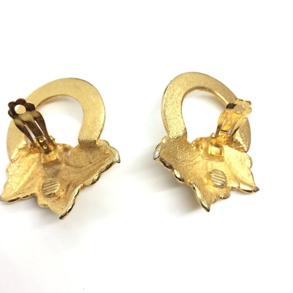 VINTAGE 80S 90S ORGANIC BRUSHED GOLD STATEMENT HOOP EARRING LEAVES PARISIAN CHIC - Picture 13 of 16